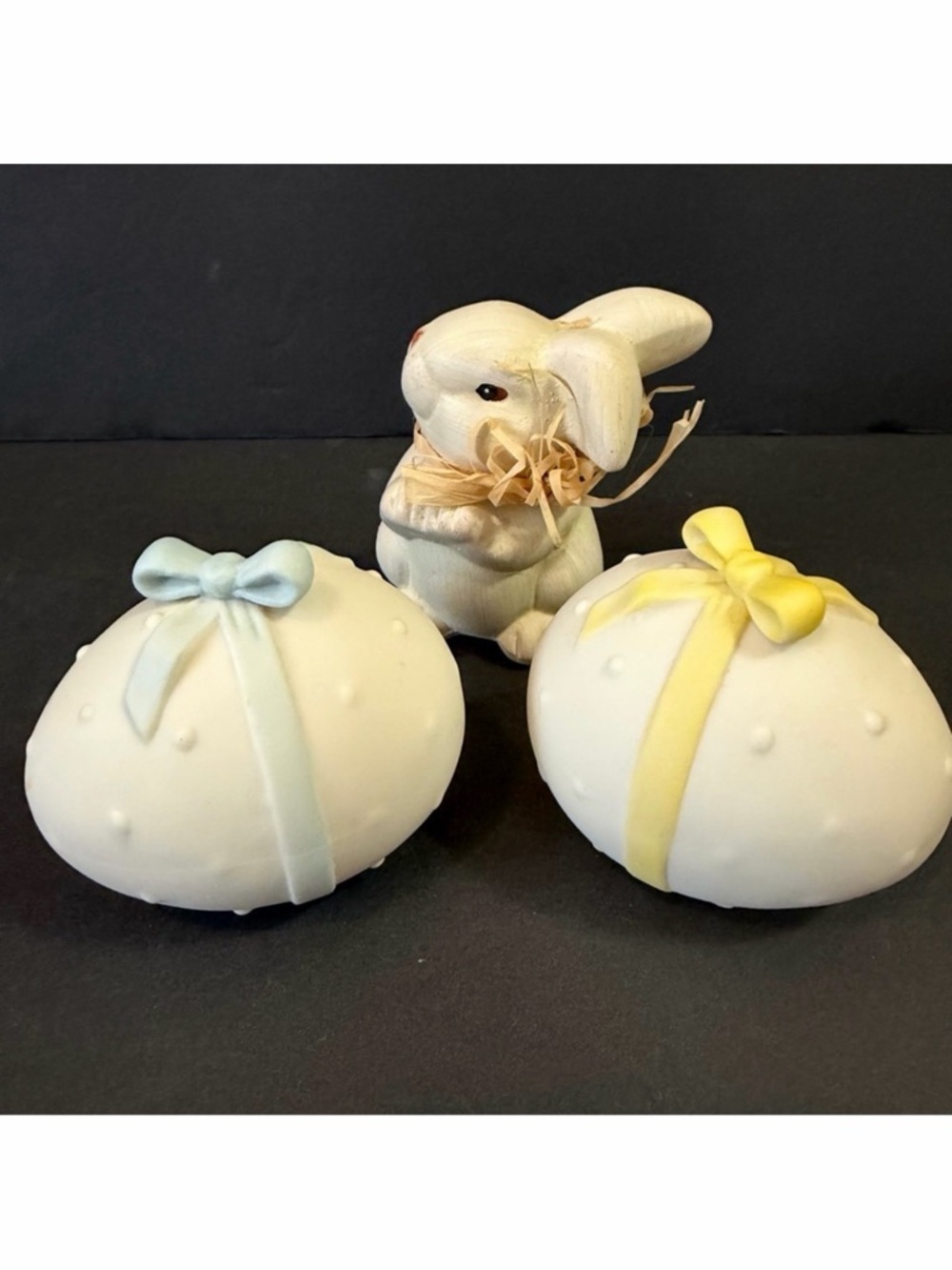 Dept 56 Easter Bunny and Egg w/ Bow Blue Yellow Small Ceramic Display Spring